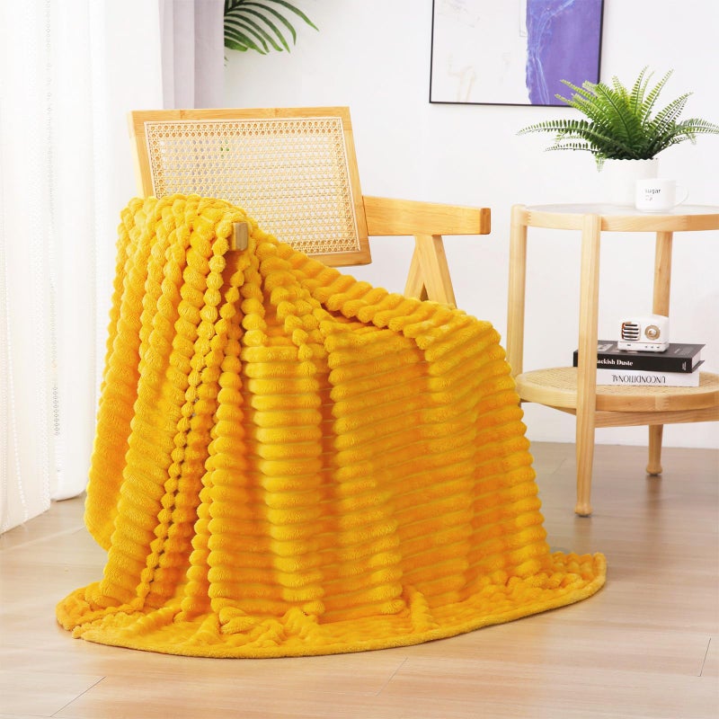 Linecooo Yellow Fleece Throw Blanket 50  60  for Couch Sofa Bed Super Soft Cozy Plush Microfiber Flannel Blanket with 3D Stripes Lightweight for Adults Woman Girls Gold - Image 1